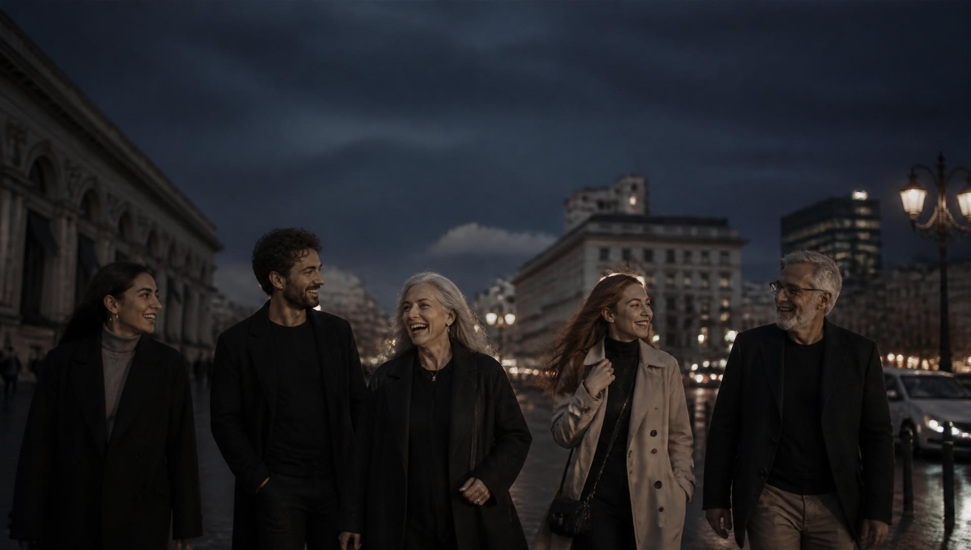 Friends of different ages walking together through a city at dusk